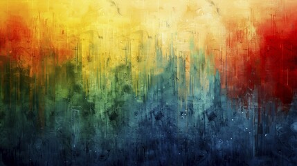 Poster - An abstract painting featuring a vibrant gradient with textures from yellow to green, blue, red, and orange, AI generated