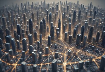 Poster - Futuristic cityscape with interconnected lights between skyscrapers creating a glowing network, AI generated
