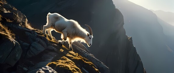  A wildlife shot capturing the transient grace of a mountain goat scaling steep cliffs in pure sunlight
