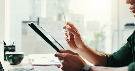 Aufkleber - Man, office and tablet in hands for business, economy research or stock market update. Trader thinking, digital pen or tech in agency for online banking, budget planning or investment feedback in app