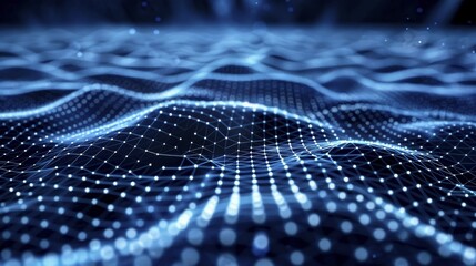Poster - Abstract digital waves with a blue grid and lights representing technological advancements, AI generated