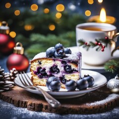 Poster - Rustic blueberry cake with candles and Christmas ornaments, creating a warm holiday ambiance with pine cones and festive lights, Blueberry Cake, AI generated