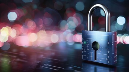 Poster - A blue digital lock stands prominently on a reflective surface amidst vibrant, blurred lights