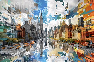 Leinwandbilder - An abstract fragmented representation of New York City's urban landscape, illustration, AI generated
