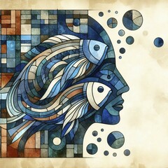 Poster - Geometric mosaic depicting abstract fish in tranquil blue tones, square aspect, AI generated
