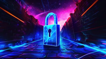 Poster - A glowing blue padlock stands at the center of a vibrant, futuristic alleyway with neon lights