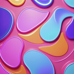 Poster - Glossy abstract image featuring organic shapes in pink, orange, blue, and purple tones on a pink background, AI generated