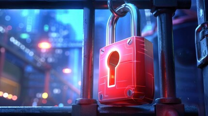 Poster - A vibrant red padlock hangs on a metal gate in a bustling urban night scene with neon lights
