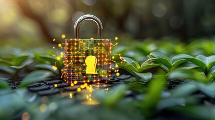 Poster - Digital lock symbolizing security amidst lush green foliage in a tranquil outdoor setting