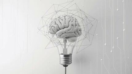 Poster - A textured brain forms the filaments of a light bulb surrounded by a wireframe geometric shape, ai generated, AI generated