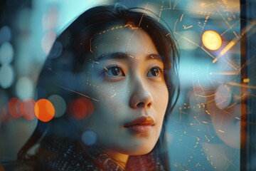 Poster - Woman's face gazing through a window with bokeh lights, AI generated