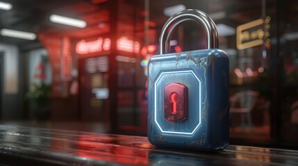 Poster - A futuristic padlock illuminated by neon lights in a vibrant urban setting at night