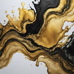 Poster - Dynamic abstract painting with gold and black swirls, accented by white spaces, creating a textured and contemporary look, AI generated
