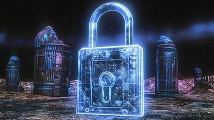 Poster - A glowing, transparent padlock stands prominently in a surreal landscape with ancient structures