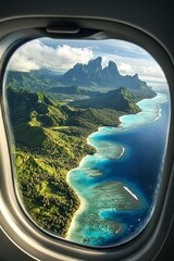 Wall Mural - Captivating aerial view of a tropical island with lush green mountains and vibrant turquoise waters, seen through an airplane window.