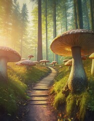 Poster - Footpath across a big mushroom forest. Mysterious fairytale scene. AI generated