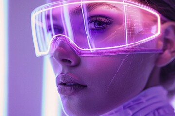Poster - Close-up of a woman with futuristic glowing neon glasses, emitting a purple light, AI generated