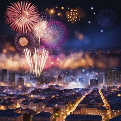 Poster - Fireworks illuminating a cityscape at night with buildings and street lights, AI generated
