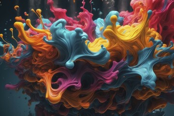 Poster - A vibrant abstract artwork with dynamic fluid forms in blue, orange, pink, and yellow, presenting an artistic swirling effect, AI generated