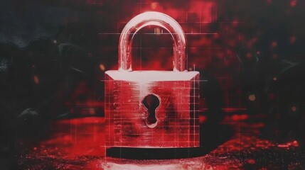Poster - A close-up of a shiny padlock illuminated in red light, symbolizing security and protection
