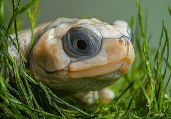 Poster - Close-Up Image of a Unique Albino Turtle Surrounded by Lush Green Aquatic Vegetation in a Tranquil Setting