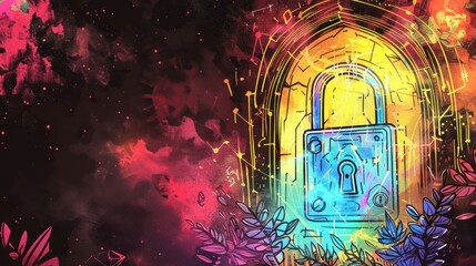 Poster - Colorful digital illustration of a padlock surrounded by vibrant abstract patterns and foliage