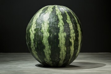 Poster - Unique round watermelon displayed on a smooth surface in a dimly lit setting