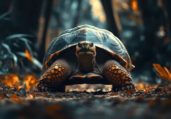Poster - Close-Up of a Captivating Tortoise Crawling Through a Lush Forest Floor Surrounded by Vibrant Foliage Highlighting Nature's Beauty and Wildlife Habitats