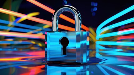 Poster - A shiny padlock on a reflective surface surrounded by vibrant, colorful light trails