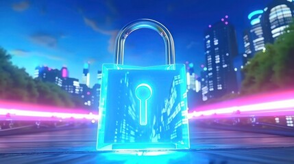 Poster - A futuristic transparent padlock with a keyhole illuminated in a vibrant cityscape at dusk