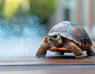Poster - Close-Up of a Colorful Turtle on a Wooden Surface with Soft Mist in the Background, Capturing the Beauty of Nature's Reptiles