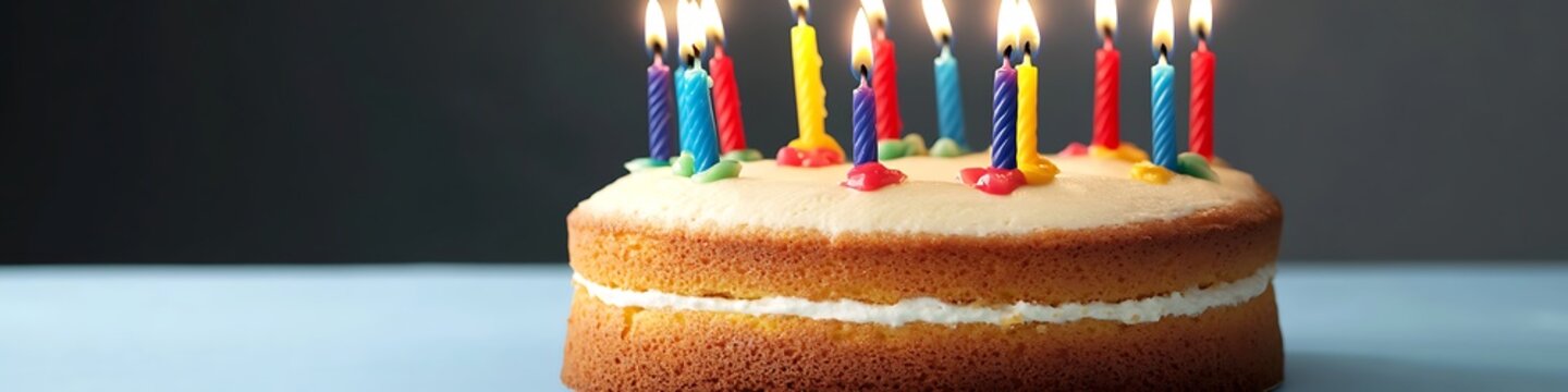 A beautiful sponge cake decorated with bright candles isolated on a soft blue background