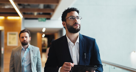 Poster - Man, tablet and employee thinking in hotel, contemplating growth and consulting for hospitality. Business, male person and website on customer service at lodge, manager and planning for booking