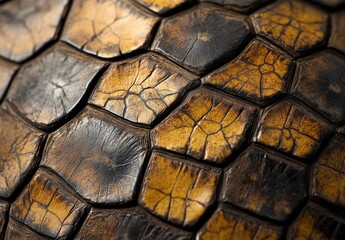 Poster - Close-up of Unique Animal Scales with Textured Patterns in Natural Earthy Tones Displaying Intricate Details and Rich Variegated Colors for Natural Photography
