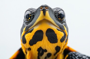 Poster - Close-Up Portrait of a Colorful Turtle with Distinctive Patterns and Glossy Eyes on a Light Background