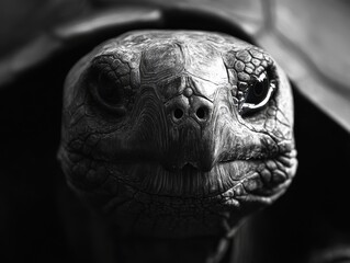 Poster - Close-Up Portrait of a Majestic Tortoise with Intricate Texture and Expressive Eyes in Black and White Photography