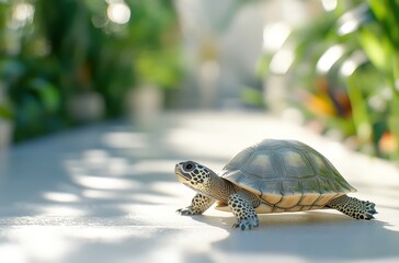 Poster - Close-Up View of a Small Turtle Crawling on a Bright Pathway Surrounded by Lush Greenery and Soft Natural Light