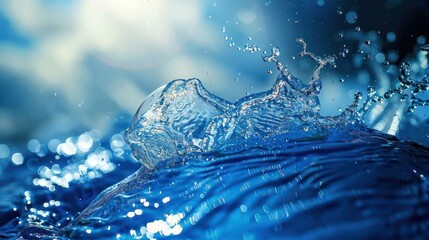 Poster - Stunning close-up of water splash with sparkling droplets against a blurred blue background