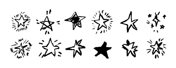 Wall Mural - set of fun like kid drawing black stars. collection of wax pencil texture geometric elements. night 