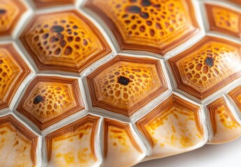 Poster - Close-Up View of a Vibrant Tortoise Shell Highlighting Unique Hexagonal Patterns and Rich Coloration in Natural Habitat