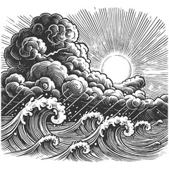 Wall Mural - dramatic ocean wave with swirling foam, showcasing the power and beauty of the sea sketch engraving 
