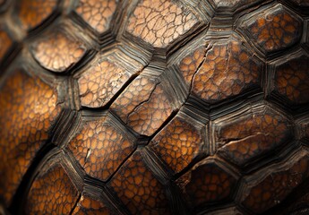 Poster - Close-up View of Detailed Textured Surface on a Brown and Orange Shell with Hexagonal Pattern and Natural Patterns of Light and Shadow