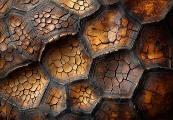 Poster - Close-up View of Textured Natural Surface with Intricate Patterns and Earthy Tones of Hexagonal Shapes and Cracked Features from Unique Natural Materials