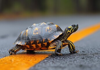 Poster - Colorful turtle crossing a rain-soaked road with vibrant yellow lane markings and blurred natural backdrop showcasing its unique shell and markings in vivid detail