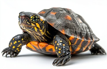 Poster - Colorful turtle with intricate shell patterns resting on a white background, showcasing vibrant orange and black details, ideal for wildlife and nature themes.