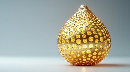 Poster - Glowing gold perforated teardrop sculpture on white surface, gray backdrop