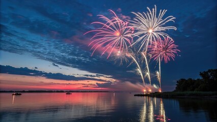 Canvas Print - Fireworks display over water with reflections and ripples, calm, scenery, peaceful