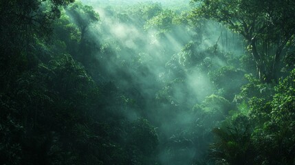 Aufkleber - Sunlight breaks through a dense canopy, illuminating mist that weaves through vibrant treetops. This lush rainforest teems with life and mystery, inviting exploration and wonder