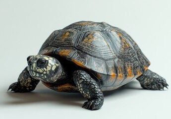 Poster - Detailed Close-Up of a Beautifully Patterned Turtle Showcasing Its Unique Shell and Colorful Features in a Studio Background