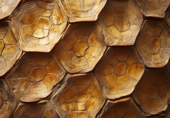 Poster - Detailed close-up of intricate honeycomb pattern showcasing natural textures and warm earthy tones in a hexagonal arrangement, ideal for design backgrounds and nature projects.